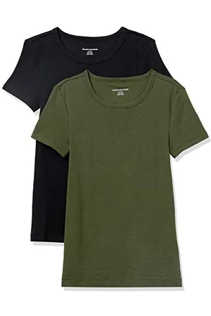 Amazon Damen Kurzärmeliges T-Shirt mit Rundhalsausschnitt, Schmale Passform, 2er-Pack, , XXL