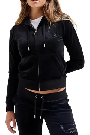 Juicy Couture Damen Robertson Jewelled Hoodie Kapuzensweatjacke, Sweatjacke mit Kapuze und Reißverschluss aus Velour Kapuzenpullover, Black, S