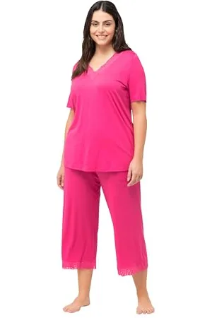 Ulla Popken Damen, Lochstickerei, V-Ausschnitt, Halbarm, Modalmix Pyjama, , 42-44