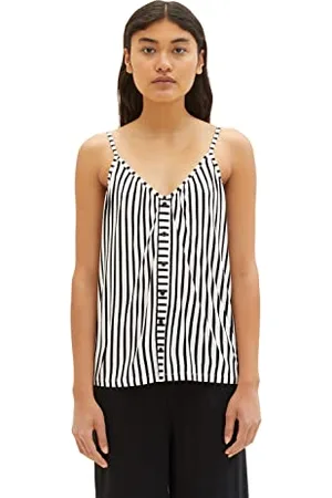 TOM TAILOR Damen 1038385 Top mit Knopfleiste, 32617-Vertical White Black Stripe, M
