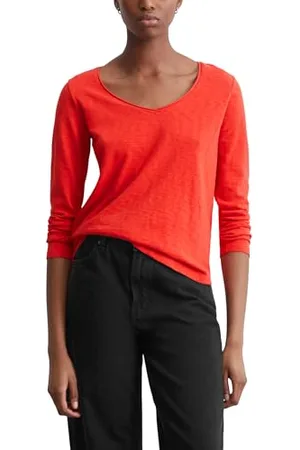 Marc O’ Polo Marc OߴPolo Denim Damen Langarmshirt aus Bio-Baumwolle mit V-Ausschnitt, Rot , XS