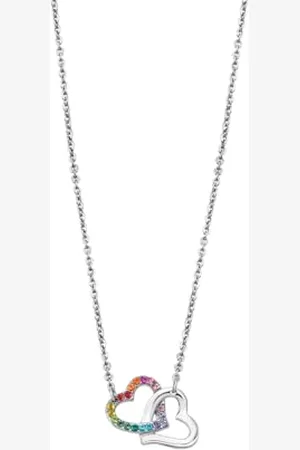 Lotus Halskette aus Stahl, 2 Herzen, bunte Steine, Silber, Kein Edelstein
