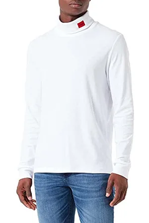 HUGO BOSS Herren Derollo224 Slim-Fit Longsleeve mit rotem Logo-Label Weiß S