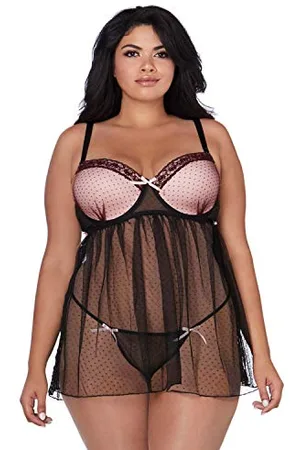Dreamgirl Damen Plus Size Dot Mesh Underwire with Lace Trim Babydoll-Dessous, , 3X