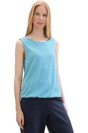 TOM TAILOR Damen Basic Jacquard Top mit Lochstickerei , light teal blue, XXL