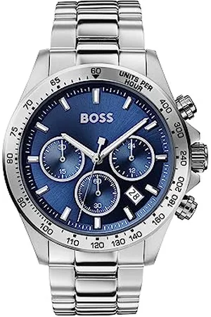 HUGO BOSS Herren 43mm Chronograph Quarz Uhr Hero Kollektion mit Silbernem Edelstahlarmband, Blauem Zifferblatt, Datumsfunktion, 3 Sub-Dials, Wasserdicht bis 5ATM - 1513755
