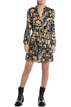 Replay Damen Kleid Langarm All Over Print, (Mehrfarbig), M
