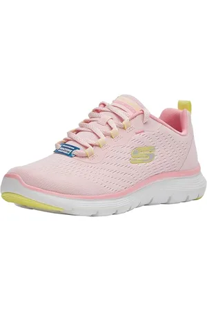 Skechers Damen Flex Appeal 5.0 Low-Top-Sneaker, Rosa Netzstoff, gelber Besatz, 38.5 EU