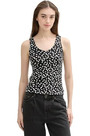 TOM TAILOR Damen Basic Tanktop mit Raffung, black flower minimal print, XS
