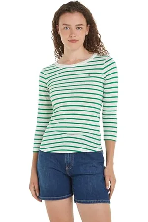 Tommy Hilfiger Damen Langarmshirt 1985 Slim Slub Basic, Mehrfarbig (Breton Ecru/Olympic Green), XXL