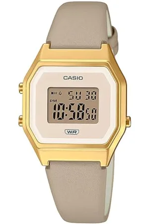 Casio Damen Quartz Armbanduhr, 29.00mm GehäusegröÃŸe mit cremefarben digital Zifferblatt und Champagner Lederarmband Armband LA680WEGL-5EF
