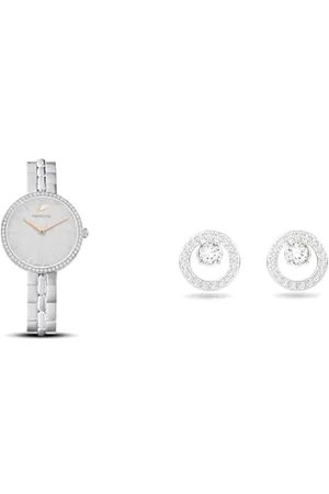 Swarovski Cosmopolitan Uhr, Metallarmband, Silberfarben, Edelstahl & Creativity Ohrstecker, Rund, Weiss, Rhodiniert