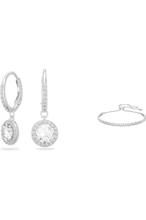 Swarovski Angelic Drop-Ohrhänger, Rundschliff, , Rhodiniert & Subtle Trilogy Armband, Weiss, Rhodiniert