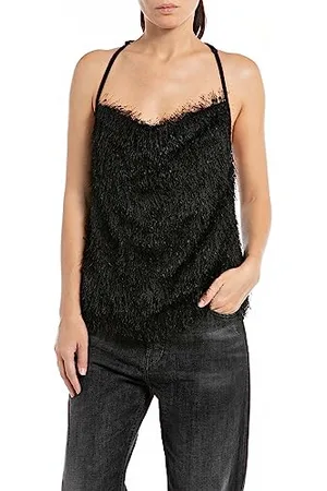 Replay Damen Top Fransen-Jersey, (Schwarz), L