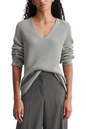 Marc O’ Polo Marc OߴPolo Damen Strickpullover aus Bio-Baumwolle mit V-Ausschnitt, Grau (Soft Stone Melange), XXL