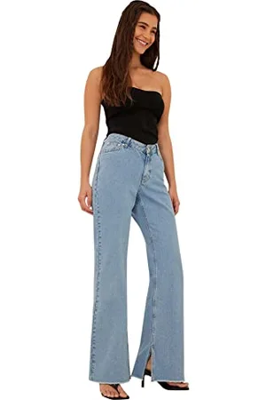 NA-KD Damen Raw Hem Side Slit Denim Jeans, Mittelblau, 40 EU