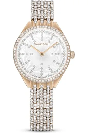 Swarovski Attract Uhr, Rosé Vergoldete Damenuhr mit Roségoldfarbenem Gehäuse, Silberfarbenem Zifferblatt, Kristallen und Metallarmband