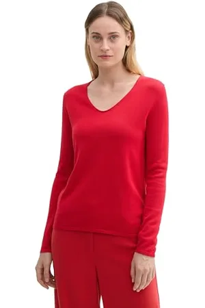 TOM TAILOR Damen 1012976 Strickpullover mit V-Ausschnitt, 36494-Crimson, Small