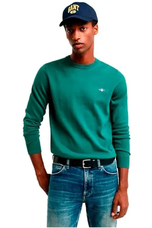 GANT Herren Pullover - CLASSIC COTTON C-NECK, Strickpullover, Rundhals, Baumwolle Grün (Woody) M