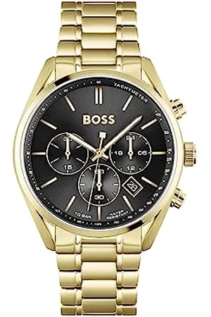 HUGO BOSS Herren 44 mm Chronograph Quarz Uhr Champion Kollektion mit Schwarzem Zifferblatt und Goldfarbenem Edelstahlarmband, Datumsfunktion, 3 Totalisatoren, 10ATM Wasserbeständigkeit - 1513848