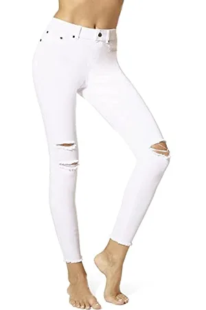 HUE Damen Ripped Knee Denim Leggings, Weiß, Klein