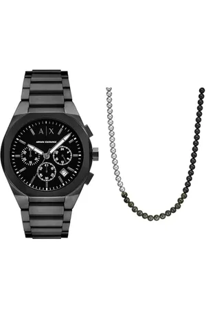 Armani Exchange Herren Schwarze Edelstahl-Uhr und Silber-Ton Halskette, Set