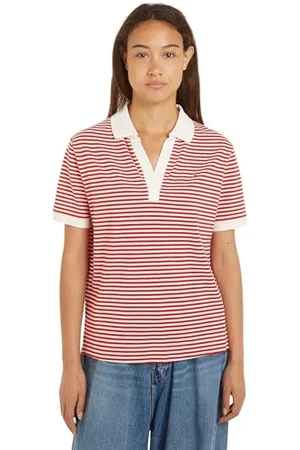 Tommy Hilfiger Damen Poloshirt Kurzarm Regular Fit, Rot (Mini Stp Fierce Red/ White), L
