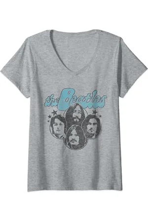 The Beatles Damen - Groovy Blue Logo mit Gesichtern der Bandmitglieder T-Shirt mit V-Ausschnitt