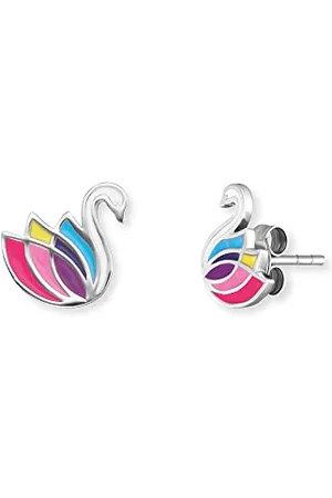 HERZENGEL Mädchen Kinder Ohrstecker Ohrringe aus Sterling Silber mit buntem Schwan aus Emaille - Steckverschluss - nickelfrei