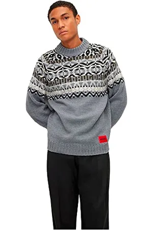 HUGO BOSS Herren Steenor Relaxed-Fit Pullover aus Woll-Mix mit Jacquard-Muster Hellgrau L
