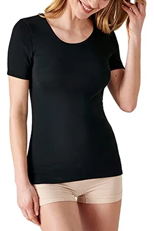 Damart Damen Kurzarm-Shirt mit dehnbarer Paspel, Thermolactyl-Feinripp, Wärmegrad Medium 3. Unterwäsche, Schwarz, M