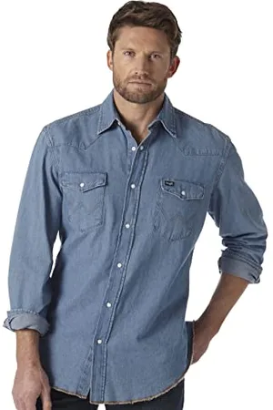 Wrangler Herren Westernhemd mit Langen Ärmeln, Druckknopfverschluss, Gewaschene Oberfläche - Blau - Mittel