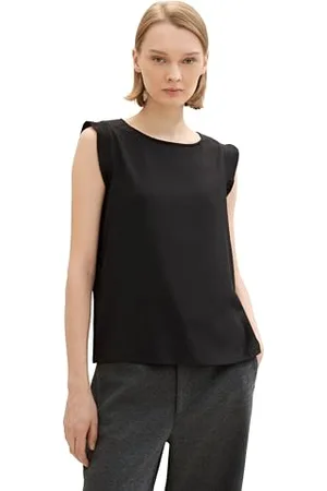 TOM TAILOR Damen Basic Top mit kurzen Volantärmeln, deep black, M