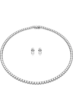 Swarovski Matrix Tennis Set, Rhodinierte Halskette und Ohrringe mit Strahlenden Weißen Kristallen