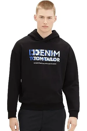 TOM TAILOR Herren Relaxed Fit Hoodie Sweatshirt mit Logo-Print, Black, XXL