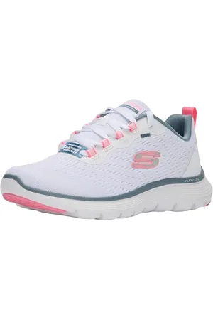 Skechers Damen Flex Appeal 5.0 Low-Top-Sneaker, Weißes Netzgewebe, rosafarbener hellblauer Besatz, 39 EU