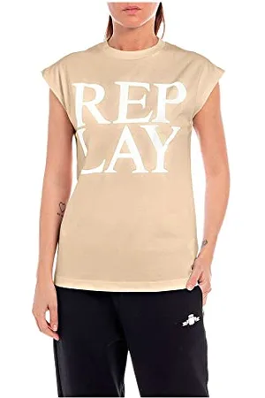 Replay Damen T-Shirt Kurzarm mit Schriftzug, Skin 611 (Beige), L
