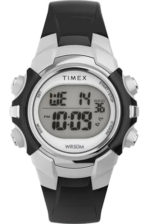 Timex Sport Unisex-Armbanduhr, 33 mm, schwarzes Kunstharzarmband, digitales Zifferblatt, silberfarbenes Gehäuse TW5M61300