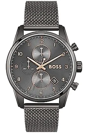 HUGO BOSS Herren 44mm Chronograph Quarzuhr SKYMASTER Kollektion mit Grauem Zifferblatt, Grauem Edelstahl-Mesh-Armband, Datumsfunktion, 5ATM Wasserdichtigkeit - 1513837