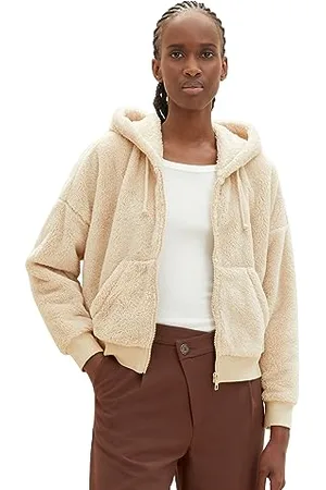 TOM TAILOR Damen 1038746 Cropped Teddy Sweatjacke mit Kapuze, 31700-dusty Sand beige, L