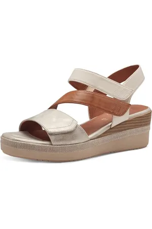 Jana Damen Sandalen mit Keilabsatz mit Klettverschluss Vegan, Mehrfarbig (Beige/Gold), 37 EU