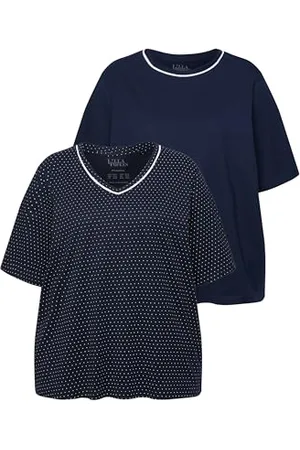 Ulla Popken Damen große Größen Übergrößen Plus Size Pyjama-Shirts, 2er-Pack, Punkte/Uni, Halbarm