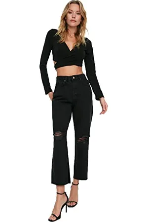 Trendyol Damen Recycling Torn Detaillierte Hohe Taille Gerade Jeans, , 42 EU