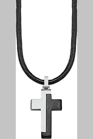 QS by s.Oliver Kette mit Kreuzanhänger für Jungs, Anhänger: Edelstahl, Kette: Echtes Leder, Silber/ , IP