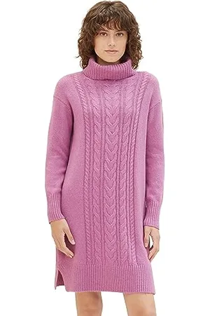 TOM TAILOR Damen Strickkleid mit Zopfmuster, mauvy plum melange, 32