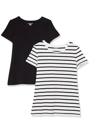 Amazon Damen Kurzärmeliges T-Shirt mit Rundhalsausschnitt, Klassischer Schnitt, 2er-Pack, , S
