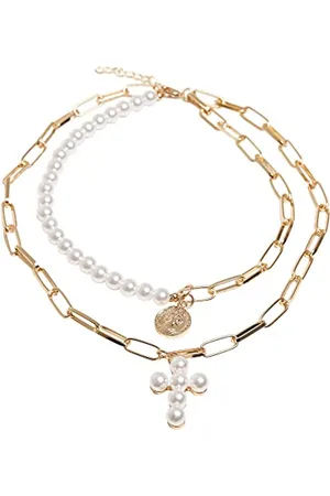 Urban classics Unisex Halskette Pearl Cross Layering Necklace doppelte Kette für Männer und Frauen im außergewöhnlichen Design, one size