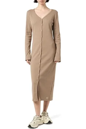Calvin Klein Damen Kleid Woven Label Rib Kopfleiste, Beige , XS