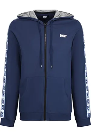 DKNY Herren Langärmeliges Kapuzenoberteil mit Reißverschluss in Marineblau mit Markenarmen ? 100% Baumwolle Kapuzenpullover, , S