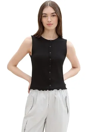 TOM TAILOR Damen Basic Top mit dekorativen Knöpfen, deep black, M